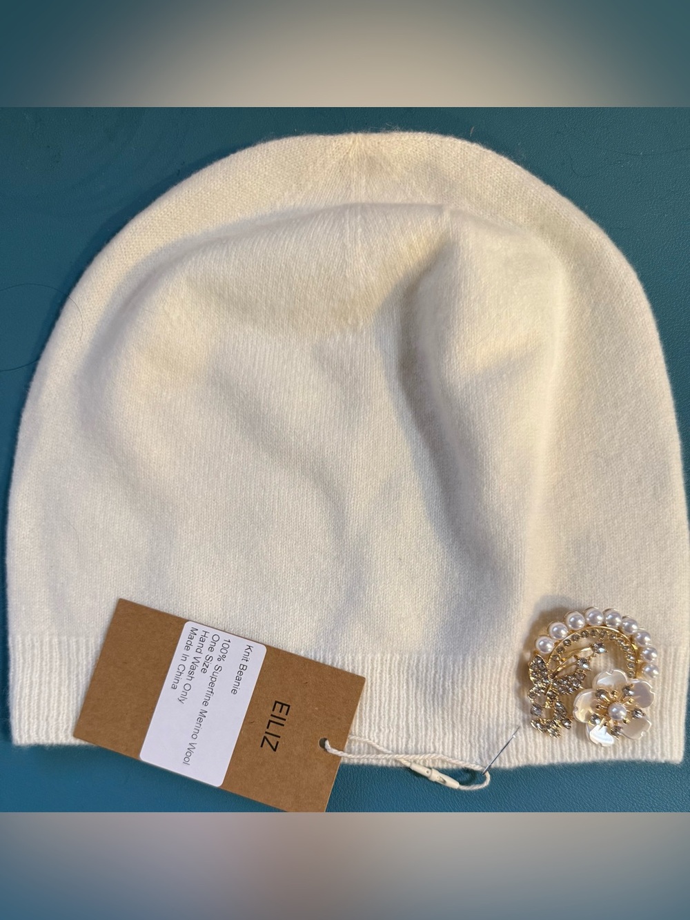 Cream Knit Beanie with Decorative Brooch 100% Wool